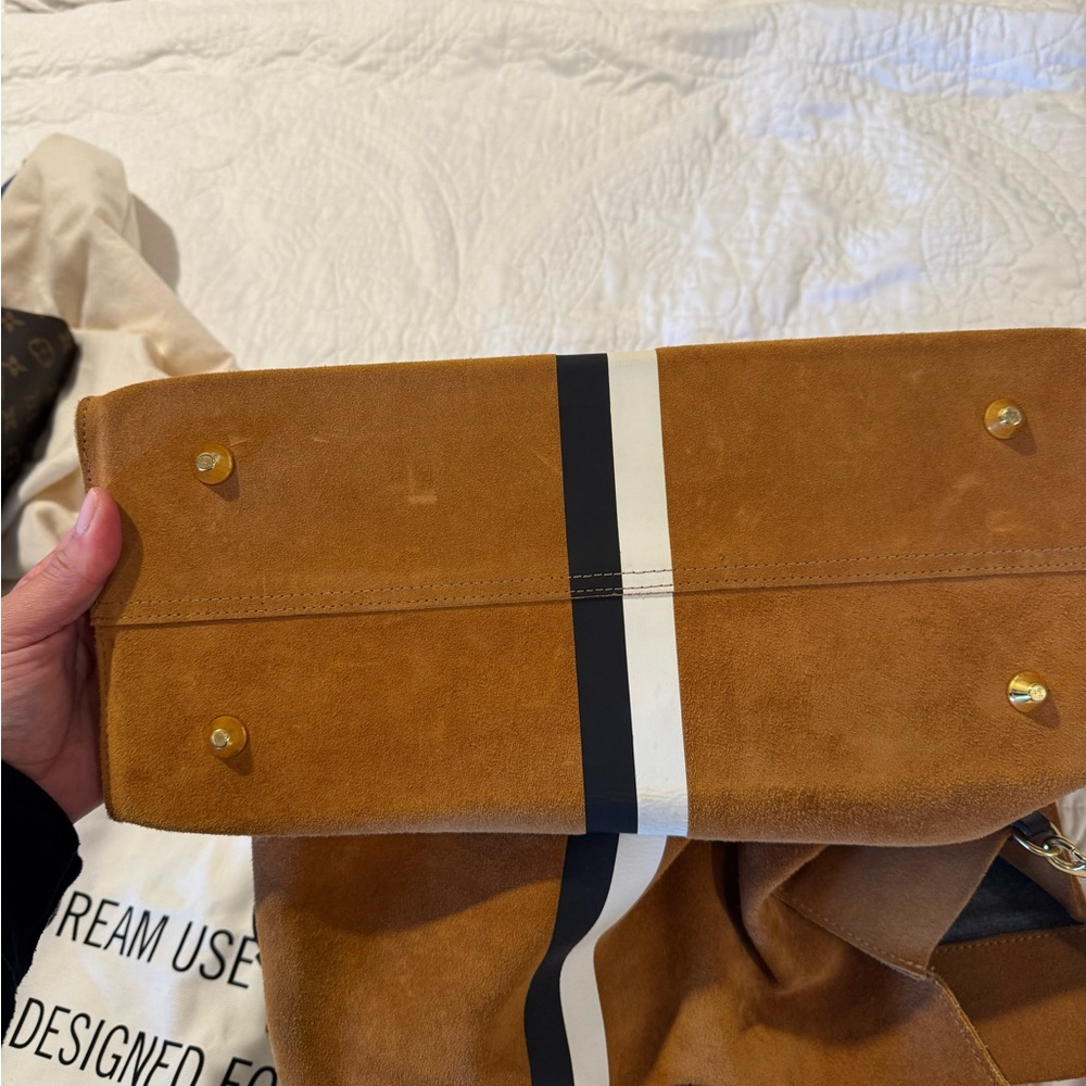 Elegant Tan Suede Satchel with Black and White Stripe - Picture 6 of 6